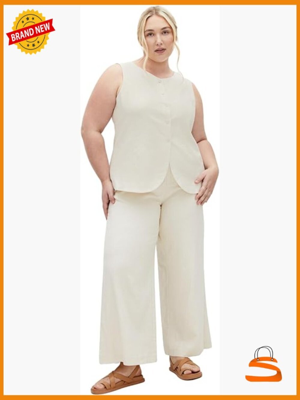 Plus Size Linen Blend Vest - Sleeveless Button Front - 24W